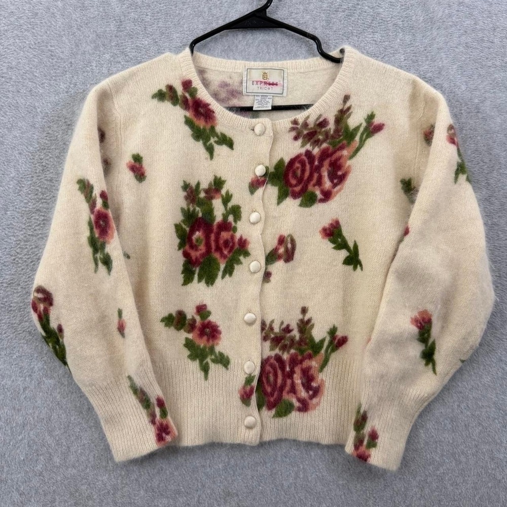 Express Tricot Angora Rabbit Hair Floral Cardigan Women's M Cottagecore Vintage